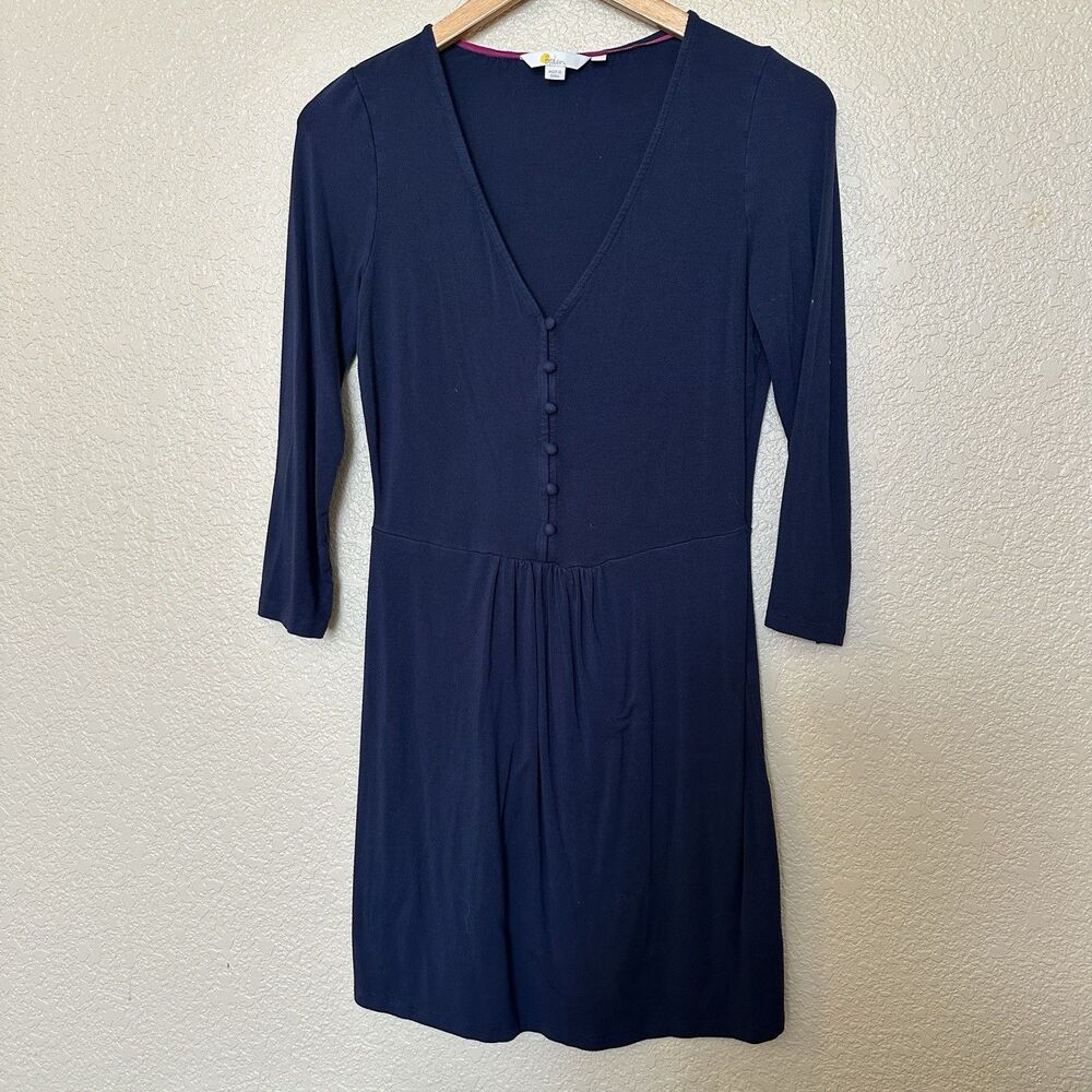 Boden Sabina Jersey Knit‎ Navy Blue Stretch V-Neck Dress 2R US Buttons